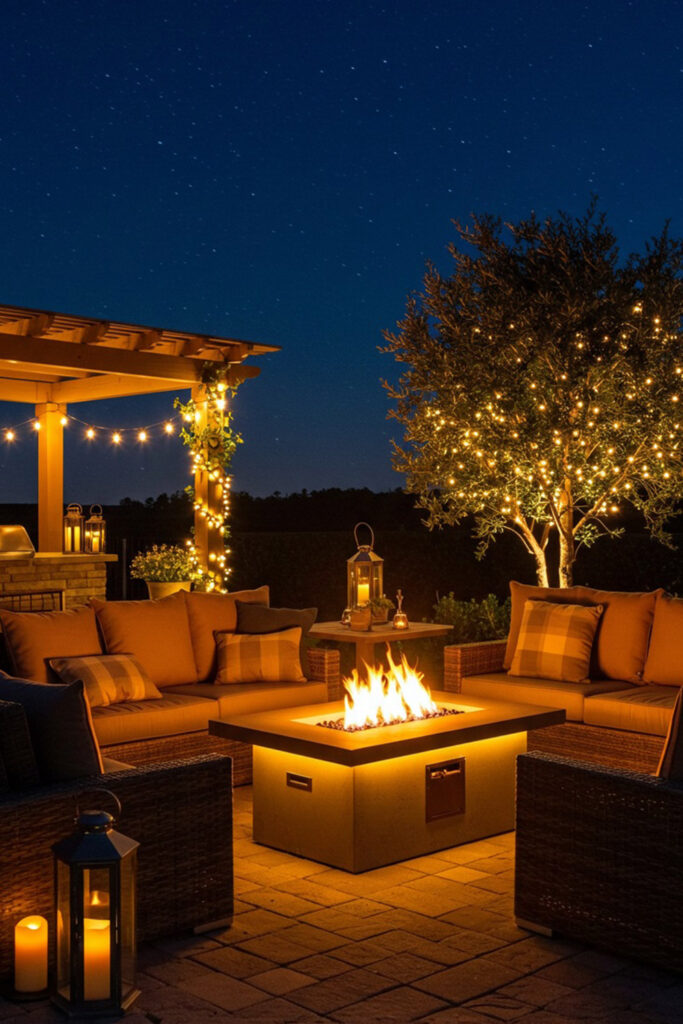 A large fire pit centerpiece with built-in LED underlighting