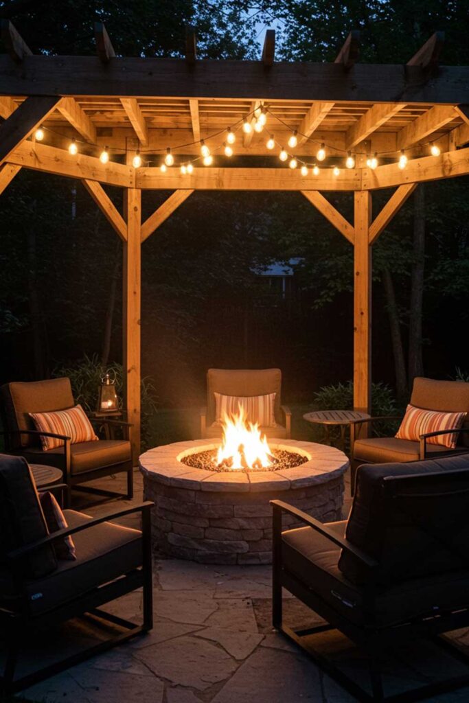 String Light Canopy Over Firepit Lounge
